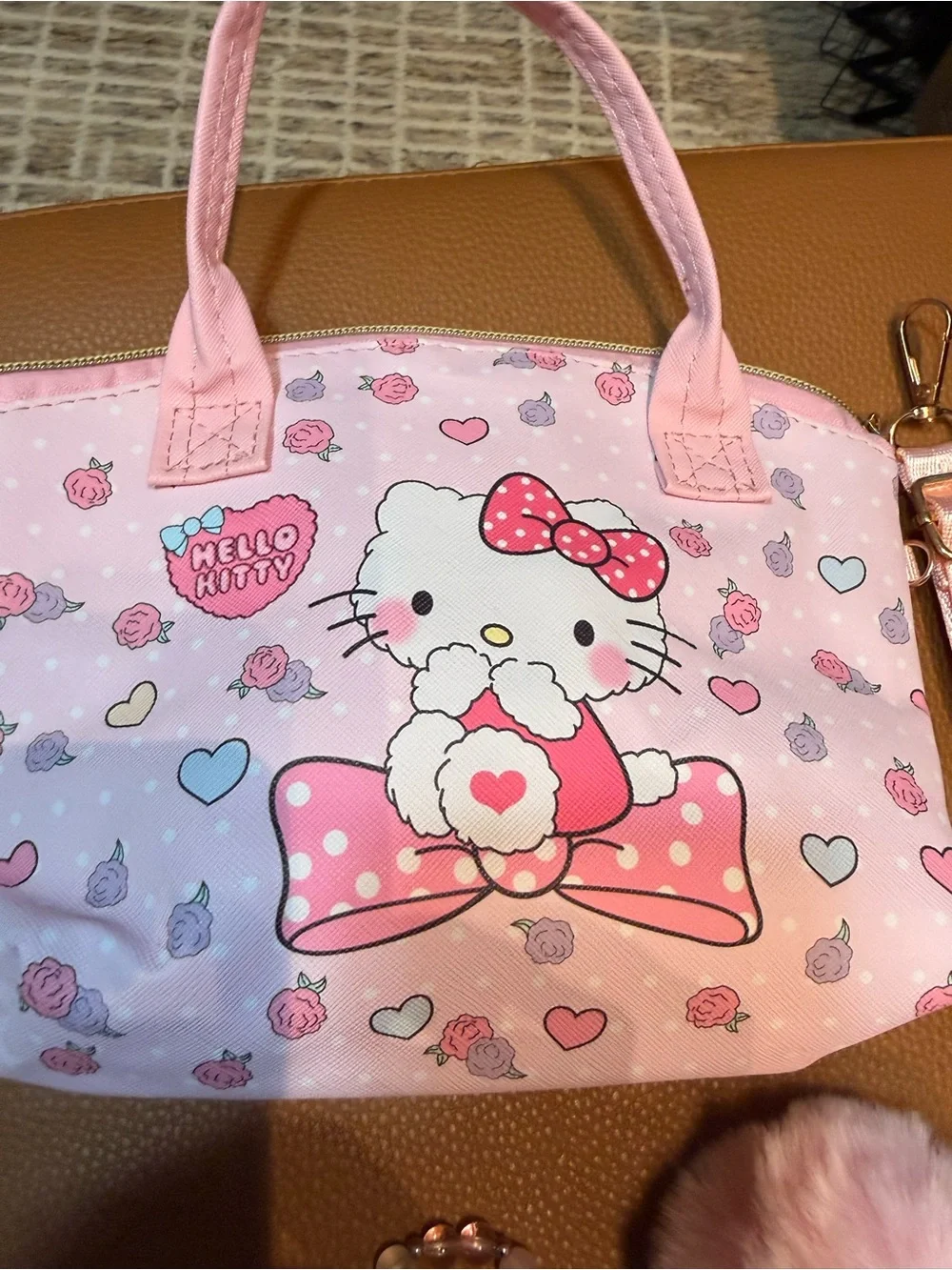 Hello Kitty Pink Crossbody Bag with Pom Pom Keychain Set and bracelet new